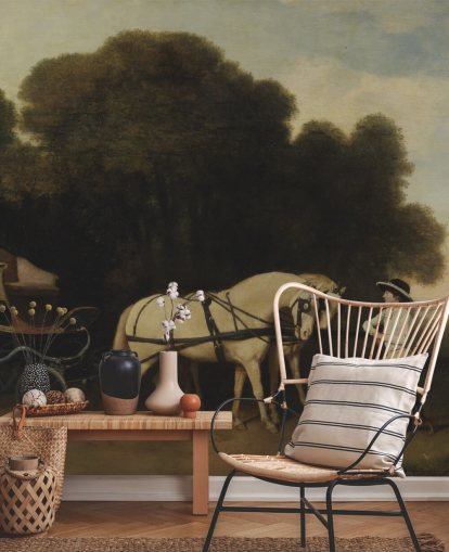fine art wallpaper mural called Phaeton with a Pair of Cream Ponies and a Stable-Lad by George Stubbs