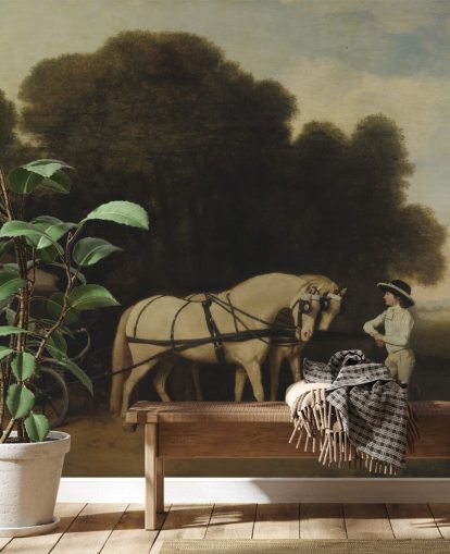 fine art wallpaper mural called Phaeton with a Pair of Cream Ponies and a Stable-Lad by George Stubbs
