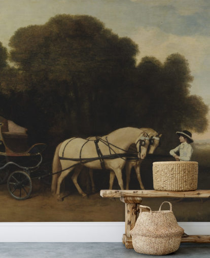 kunsttapet vægmaleri Phaeton med et par cremeponyer og en stable-lad af George Stubbs kunsttapet vægmaleri Phaeton med et par cremeponyer og en stable-lad af George Stubbs
