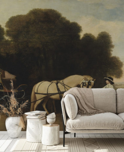 mural de papel pintado de bellas artes Faetón con un par de ponis color crema y un mozo de establo de George Stubbs mural de papel pintado de bellas artes Faetón con un par de ponis color crema y un mozo de establo de George Stubbs