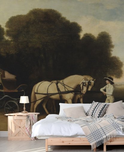carta da parati fine art Phaeton con un paio di pony color crema e un ragazzo di stalla di George Stubbs