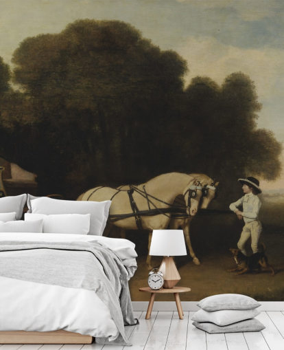 fine art wallpaper mural called Phaeton with a Pair of Cream Ponies and a Stable-Lad by George Stubbs fine art wallpaper mural called Phaeton with a Pair of Cream Ponies and a Stable-Lad by George Stubbs