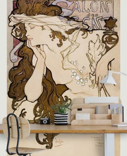 mural de papel pintado de bellas artes llamado Salon des Cent de Alphonse Mucha para dormitorios, baños y salas de estar