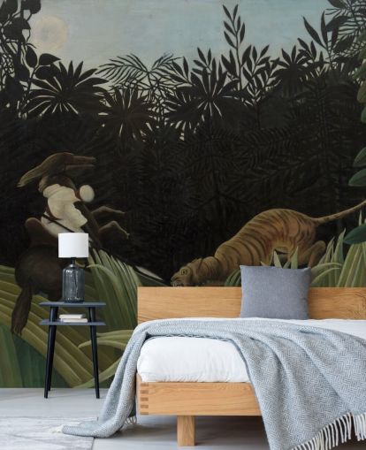 fresque murale d'art intitulée Scout Attacked by a Tiger par Henri Rousseau fresque murale d'art intitulée Scout Attacked by a Tiger par Henri Rousseau