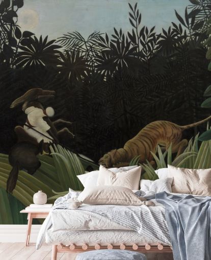 fresque murale d'art intitulée Scout Attacked by a Tiger par Henri Rousseau fresque murale d'art intitulée Scout Attacked by a Tiger par Henri Rousseau