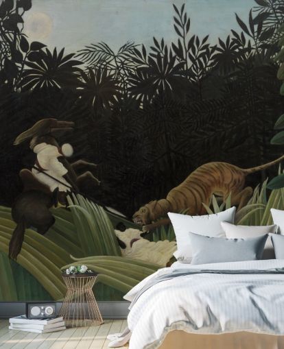 mural de parede de belas artes chamado Scout Attacked by a Tiger, de Henri Rousseau mural de parede de belas artes chamado Scout Attacked by a Tiger, de Henri Rousseau