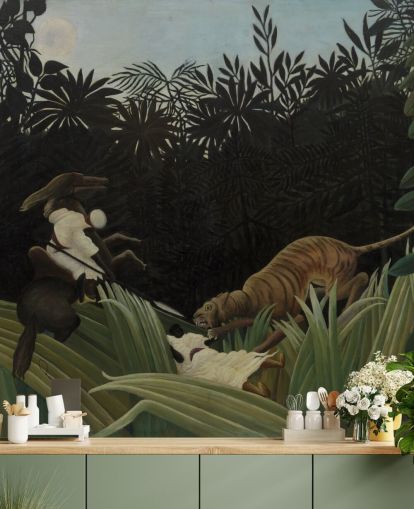 kunstveggmaleri kalt Scout Attacked by a Tiger av Henri Rousseau