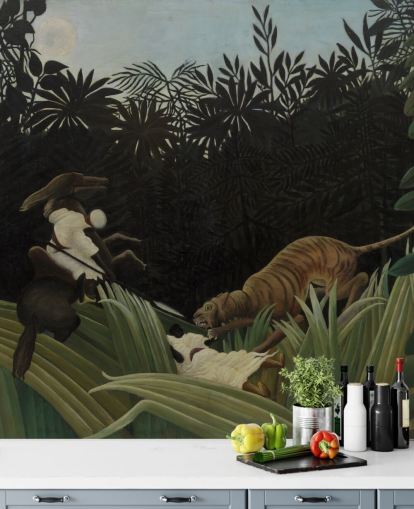 murale d'arte chiamato Scout Attacked by a Tiger di Henri Rousseau