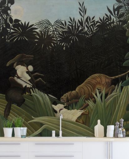 fresque murale d'art intitulée Scout Attacked by a Tiger par Henri Rousseau