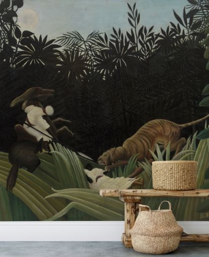 kunstveggmaleri kalt Scout Attacked by a Tiger av Henri Rousseau