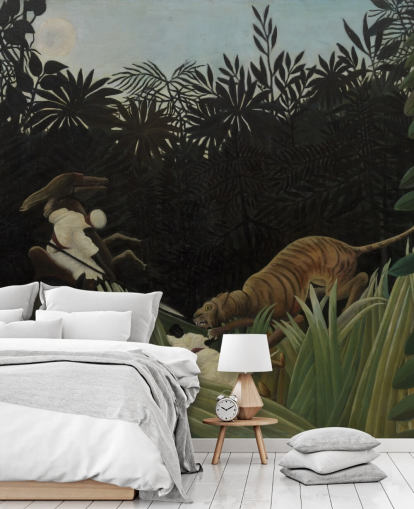 fresque murale d'art intitulée Scout Attacked by a Tiger par Henri Rousseau