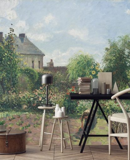 konsttapet väggmålning som heter Konstnärens trädgård på Eragny av Camille Pissarro