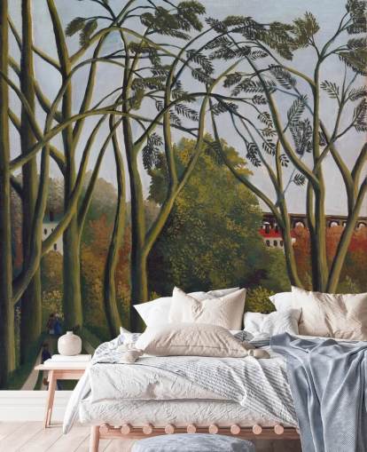 kunstbehang met de naam The Banks of the Bievre bij Bicetre van Henri Rousseau kunstbehang met de naam The Banks of the Bievre bij Bicetre van Henri Rousseau