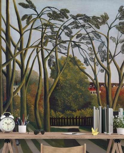 kunsttapet vægmaleri kaldet The Banks of the Bievre nær Bicetre af Henri Rousseau