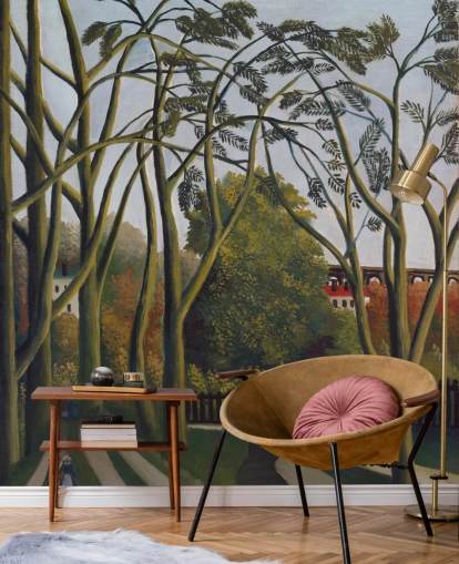 fine art wallpaper mural called The Banks of the Bievre near Bicetre by Henri Rousseau fine art wallpaper mural called The Banks of the Bievre near Bicetre by Henri Rousseau