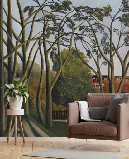 kunstbehang met de naam The Banks of the Bievre bij Bicetre van Henri Rousseau