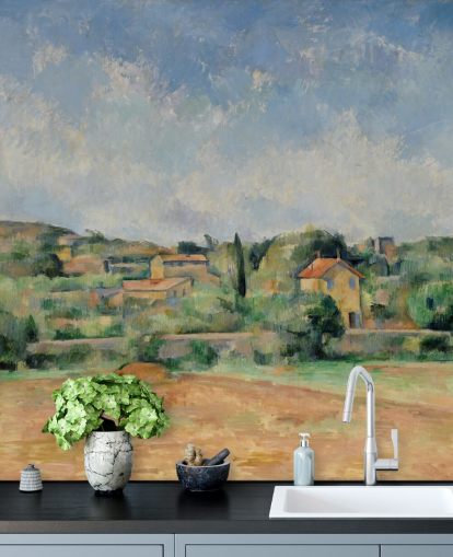 mural de papel pintado de bellas artes llamado The Bellevue Plain de Paul Cezanne para dormitorios y salones