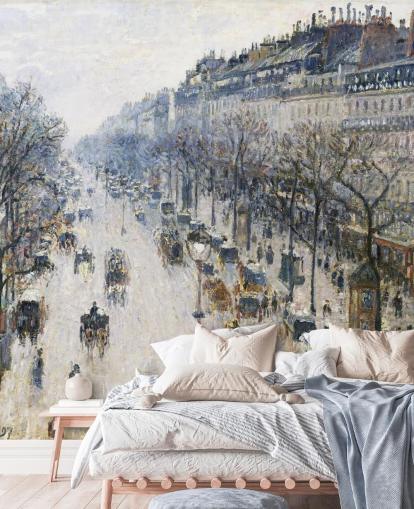 Kunsttapete mit dem Titel Der Boulevard Montmartre an einem Wintermorgen von Camille Pissarro Kunsttapete mit dem Titel Der Boulevard Montmartre an einem Wintermorgen von Camille Pissarro