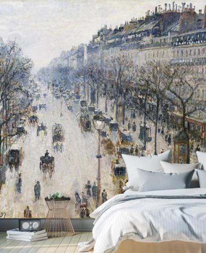 art wallpaper mural called The Boulevard Montmartre on a Winter Morning by Camille Pissarro