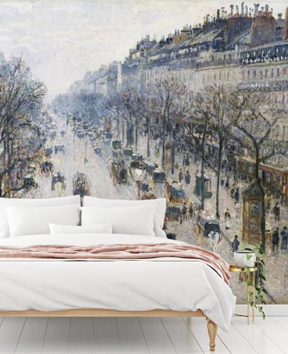art wallpaper mural called The Boulevard Montmartre on a Winter Morning by Camille Pissarro art wallpaper mural called The Boulevard Montmartre on a Winter Morning by Camille Pissarro