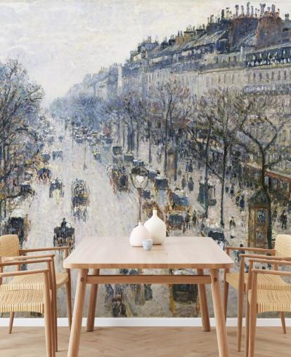 Kunsttapete mit dem Titel Der Boulevard Montmartre an einem Wintermorgen von Camille Pissarro