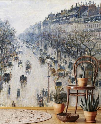 Camille Pissarron taide-taustakuvamaalaus nimeltä Boulevard Montmartre talviaamuna