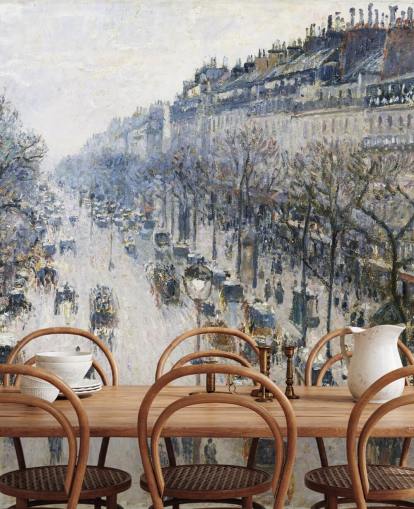 Kunsttapete mit dem Titel Der Boulevard Montmartre an einem Wintermorgen von Camille Pissarro