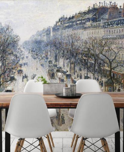 mural de papel de parede de arte chamado The Boulevard Montmartre em uma manhã de inverno por Camille Pissarro