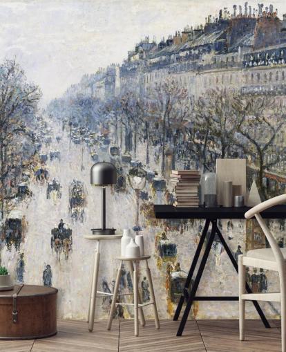 art wallpaper mural called The Boulevard Montmartre on a Winter Morning by Camille Pissarro