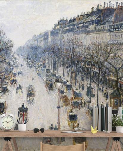 art wallpaper mural called The Boulevard Montmartre on a Winter Morning by Camille Pissarro