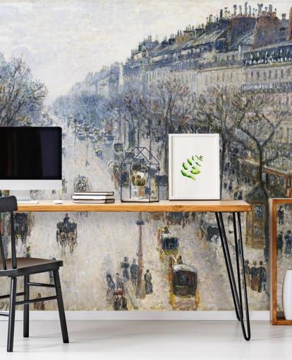 art wallpaper mural called The Boulevard Montmartre on a Winter Morning by Camille Pissarro