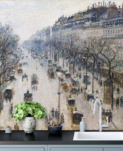art wallpaper mural called The Boulevard Montmartre on a Winter Morning by Camille Pissarro