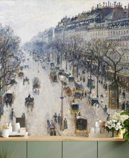 konsttapet väggmålning som heter Boulevard Montmartre på en vintermorgon av Camille Pissarro konsttapet väggmålning som heter Boulevard Montmartre på en vintermorgon av Camille Pissarro