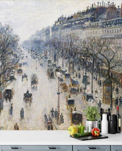 art wallpaper mural called The Boulevard Montmartre on a Winter Morning by Camille Pissarro
