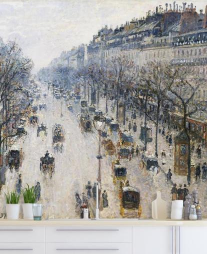 art wallpaper mural called The Boulevard Montmartre on a Winter Morning by Camille Pissarro art wallpaper mural called The Boulevard Montmartre on a Winter Morning by Camille Pissarro