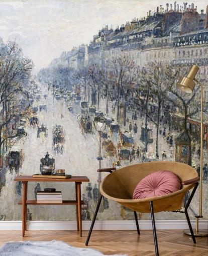 mural artístico llamado El bulevar Montmartre en una mañana de invierno de Camille Pissarro