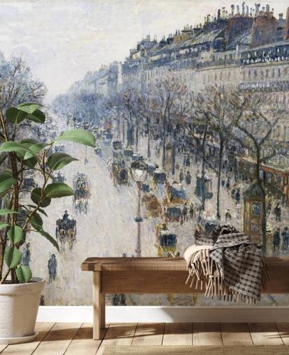 mural artístico llamado El bulevar Montmartre en una mañana de invierno de Camille Pissarro
