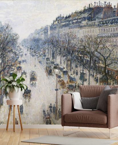 Kunsttapete mit dem Titel Der Boulevard Montmartre an einem Wintermorgen von Camille Pissarro