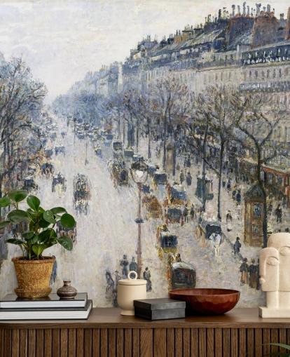 art wallpaper mural called The Boulevard Montmartre on a Winter Morning by Camille Pissarro