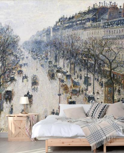 Kunsttapete mit dem Titel Der Boulevard Montmartre an einem Wintermorgen von Camille Pissarro Kunsttapete mit dem Titel Der Boulevard Montmartre an einem Wintermorgen von Camille Pissarro
