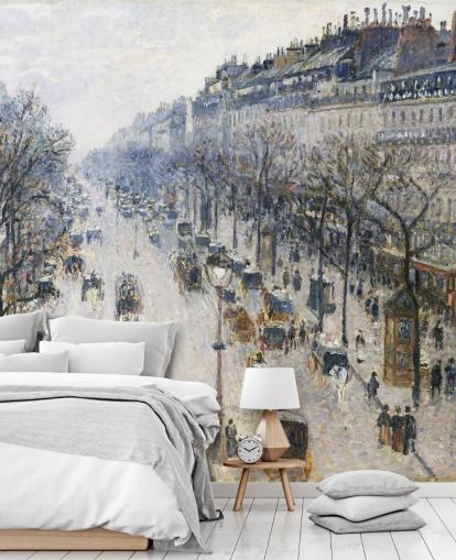 art wallpaper mural called The Boulevard Montmartre on a Winter Morning by Camille Pissarro art wallpaper mural called The Boulevard Montmartre on a Winter Morning by Camille Pissarro