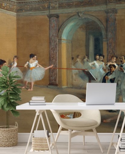 kunstbehangmuurschildering genaamd The Dance Foyer at The Opera van Edgar Degas voor slaapkamers, woonkamers en eetkamers