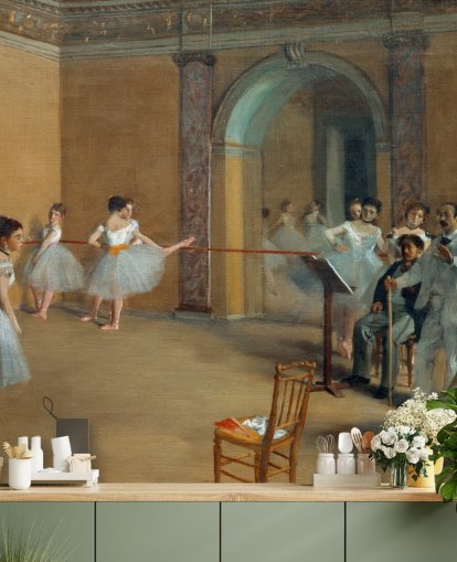 fine art wallpaper mural called The Dance Foyer at The Opera by Edgar Degas for bedrooms, living rooms and dining rooms