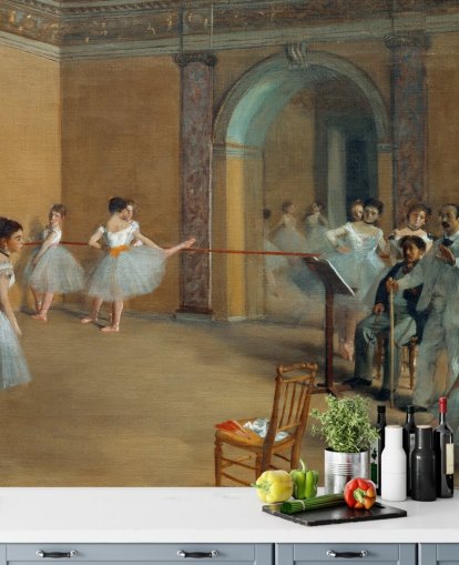 kunstbehangmuurschildering genaamd The Dance Foyer at The Opera van Edgar Degas voor slaapkamers, woonkamers en eetkamers