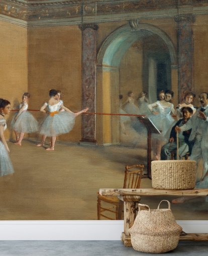 fine art wallpaper mural called The Dance Foyer at The Opera by Edgar Degas for bedrooms, living rooms and dining rooms