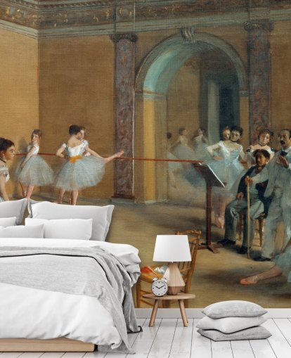 kunstbehangmuurschildering genaamd The Dance Foyer at The Opera van Edgar Degas voor slaapkamers, woonkamers en eetkamers kunstbehangmuurschildering genaamd The Dance Foyer at The Opera van Edgar Degas voor slaapkamers, woonkamers en eetkamers