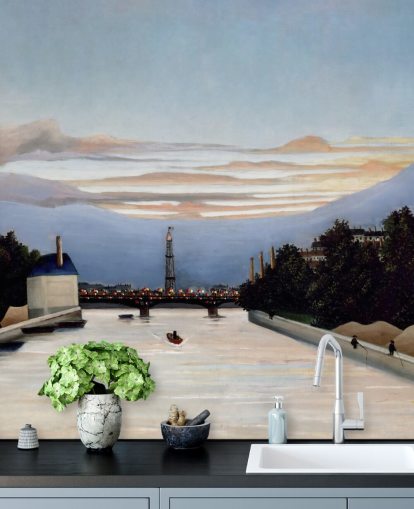 mural de papel pintado de bellas artes llamado La Torre Eiffel de Henri Rousseau para dormitorios y salas de estar