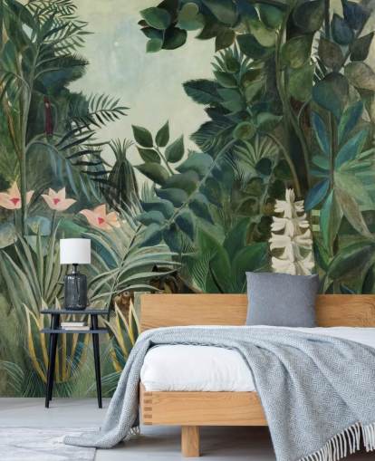 mural de papel pintado de bellas artes llamado La jungla ecuatorial de Henri Rousseau para salones y comedores