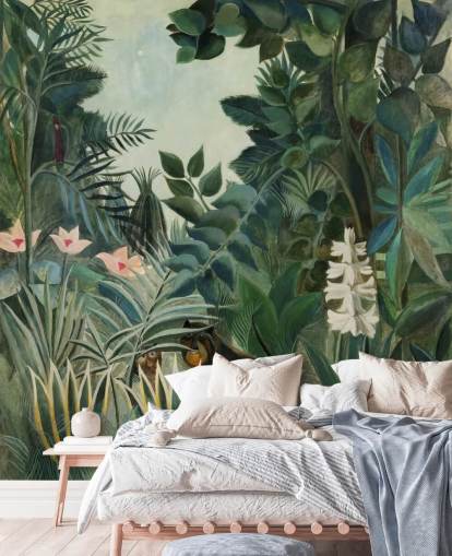 mural de papel de parede de belas artes chamado The Equatorial Jungle, de Henri Rousseau, para lounges e salas de jantar mural de papel de parede de belas artes chamado The Equatorial Jungle, de Henri Rousseau, para lounges e salas de jantar