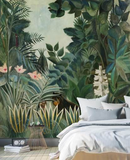 fine art wallpaper mural called The Equatorial Jungle by Henri Rousseau for lounges and dining rooms